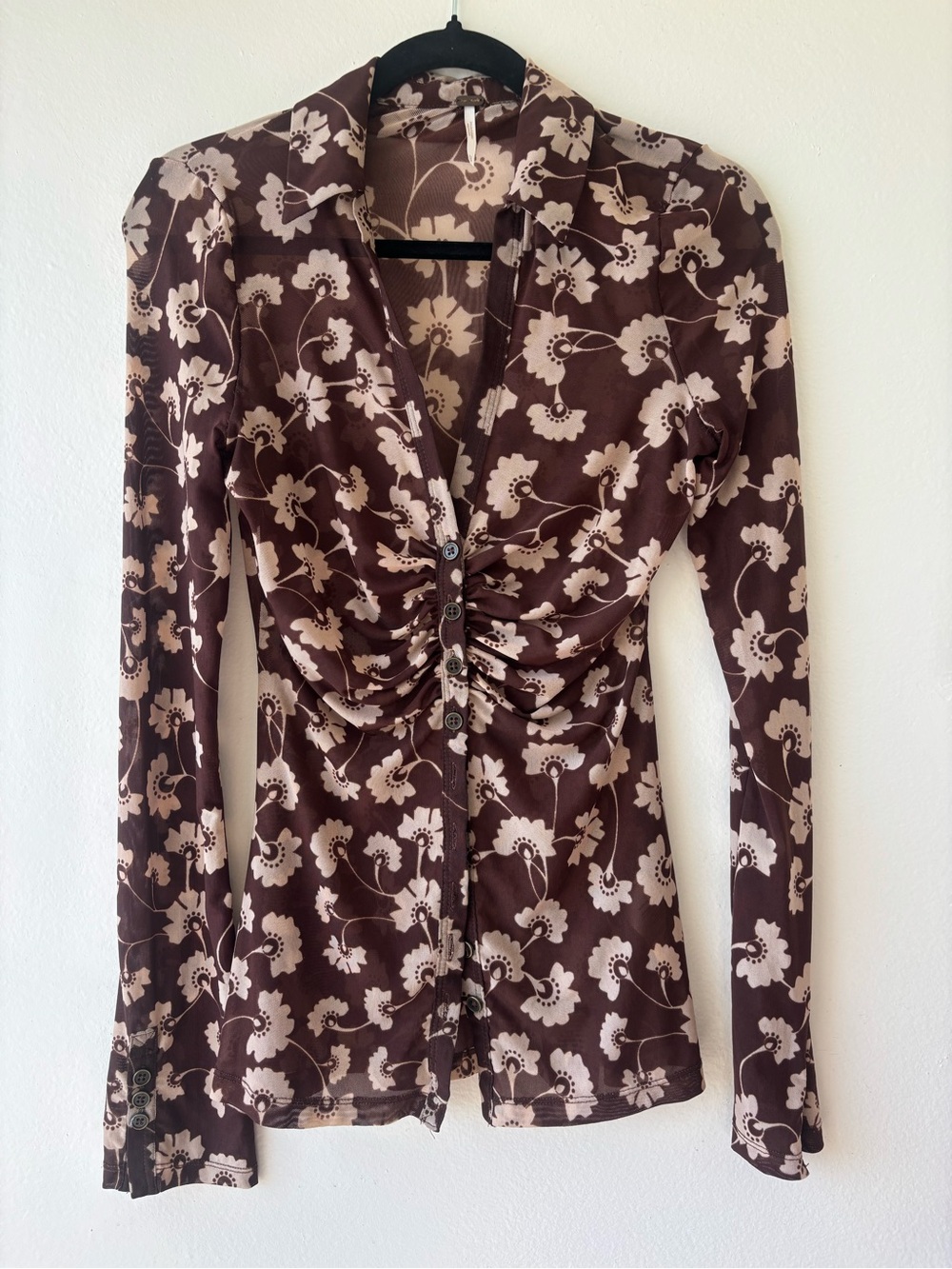 Women's Free People Brown Floral Ruched Button-Front Top